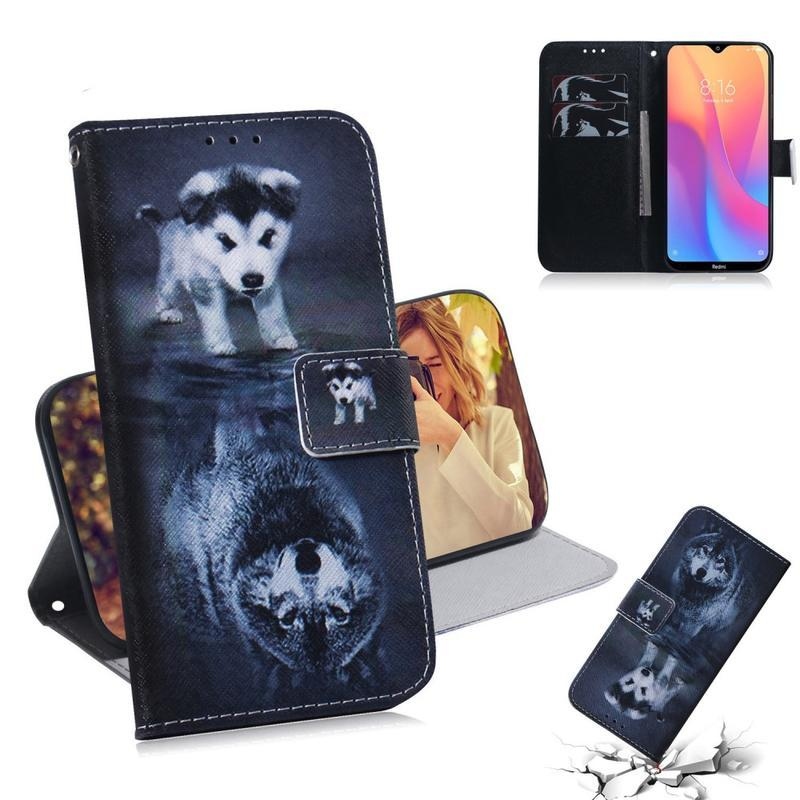 Patt PU kožené peněženkové pouzdro na mobil Xiaomi Redmi 8A - pes a odraz vlka