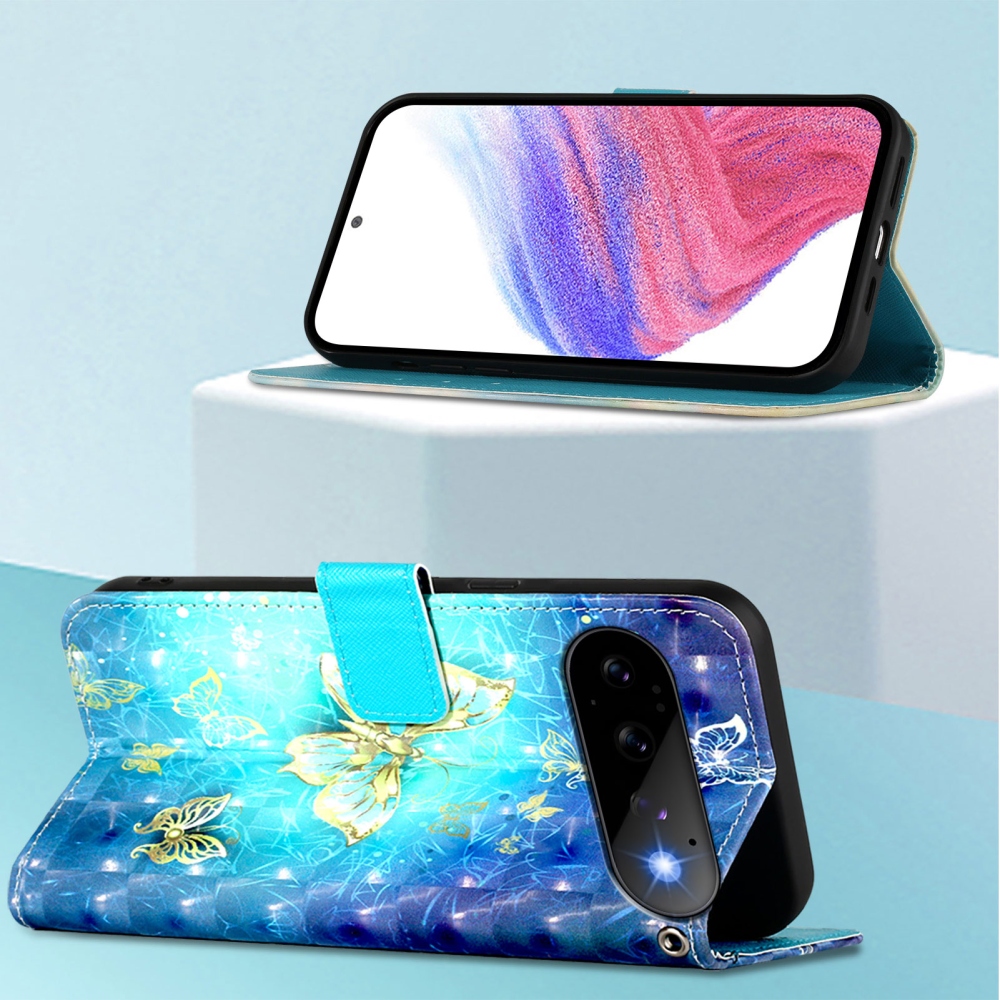 Patte knížkové pouzdro na Google Pixel 11 Pro/11 - modrozlatí motýli
