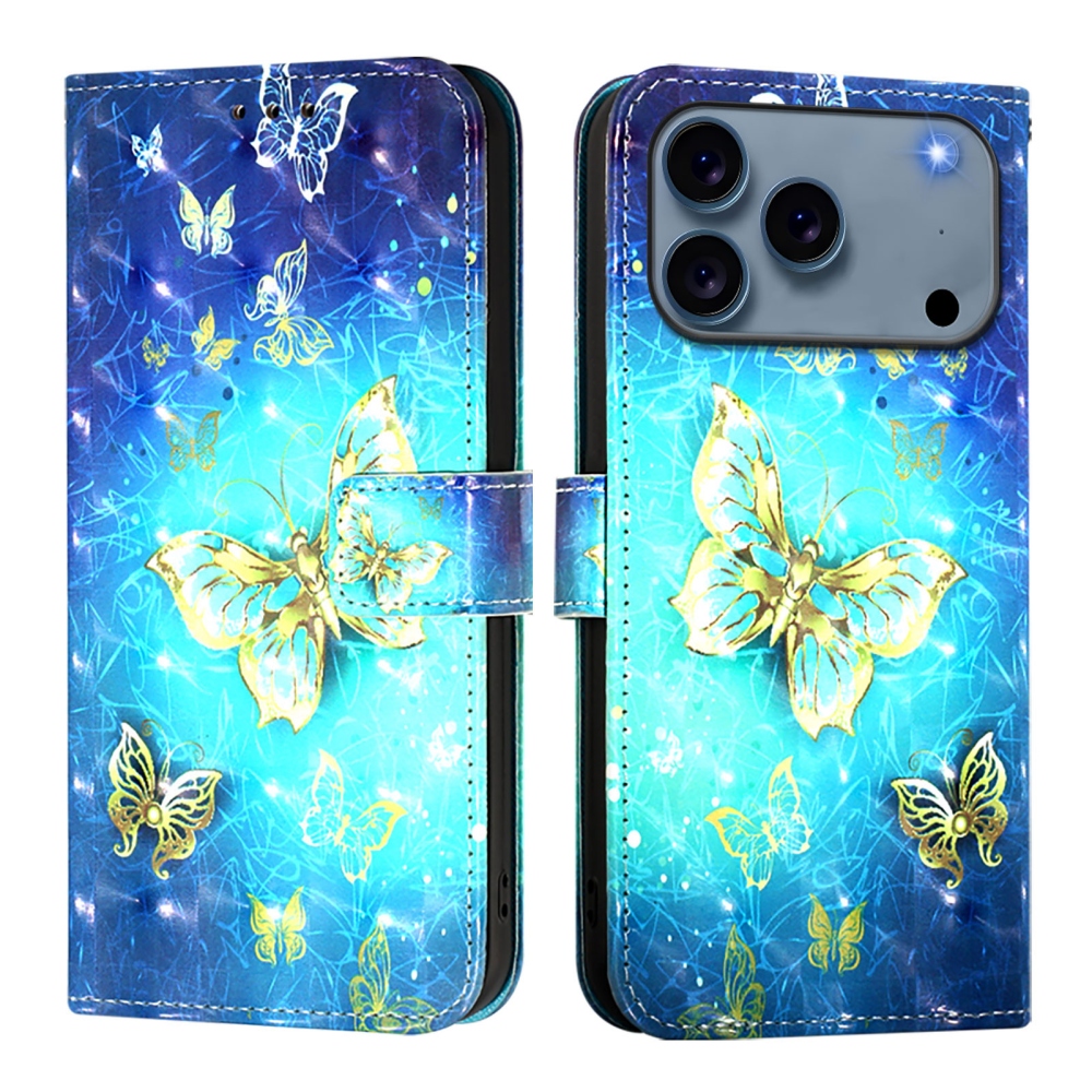 Patte knížkové pouzdro na iPhone 18 Pro Max/17 Pro Max - modrozlatí motýli