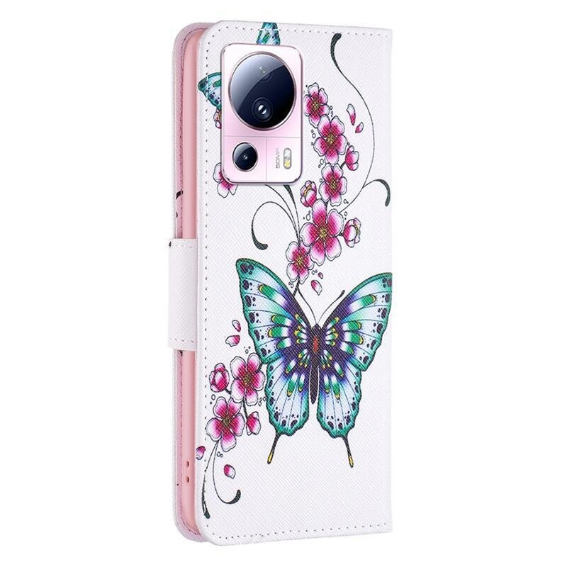 Patte knížkové pouzdro na Xiaomi 13 Lite - zelený motýl s květy