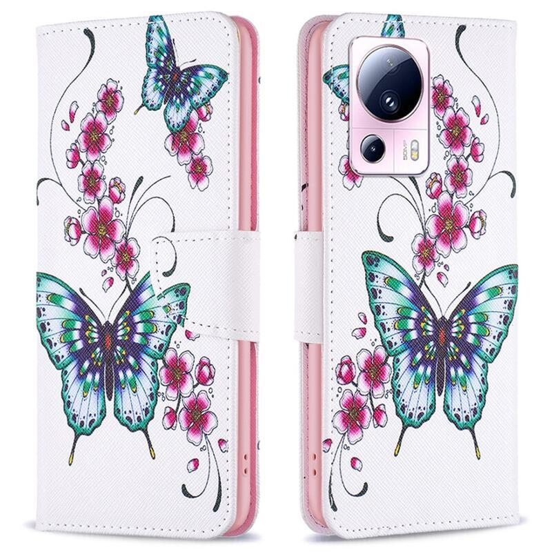 Patte knížkové pouzdro na Xiaomi 13 Lite - zelený motýl s květy