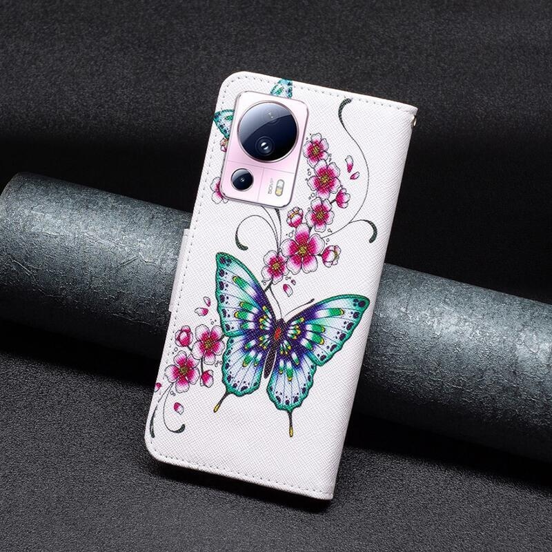 Patte knížkové pouzdro na Xiaomi 13 Lite - zelený motýl s květy