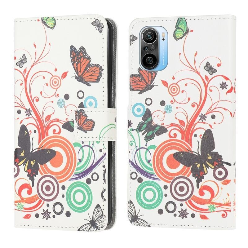 Patte peněženkové pouzdro na mobil Xiaomi Poco F3 - motýli a barevné pozadí