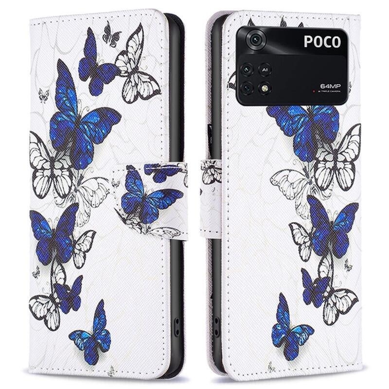 Patte PU kožené peněženkové pouzdro na mobil Xiaomi Poco M4 Pro 4G - bílí a modří motýli