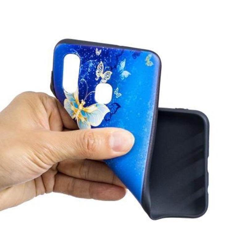 Pattern gelové pouzdro na mobil Samsung Galaxy A30 - modrý a zlatý motýl