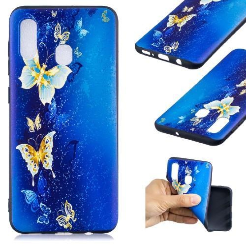 Pattern gelové pouzdro na mobil Samsung Galaxy A30 - modrý a zlatý motýl