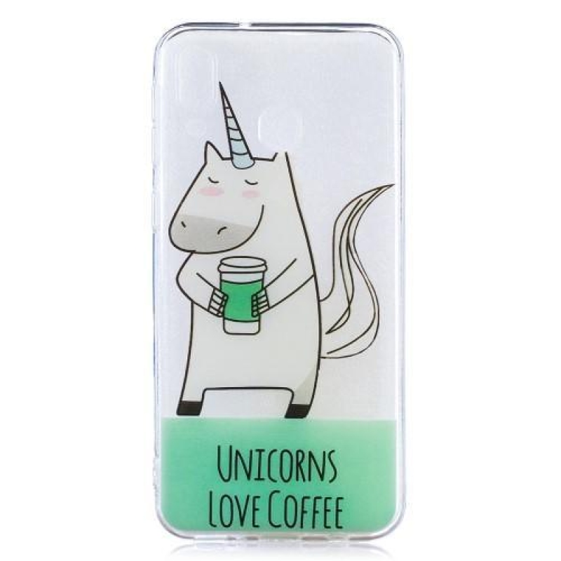 Pattern gelový obal na mobil Samsung Galaxy M20 - jednorožec milující kafe
