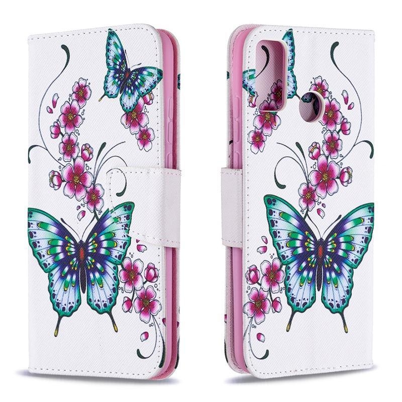 Patty PU kožené peněženkové pouzdro na mobil Honor 9X Lite - motýl a květ