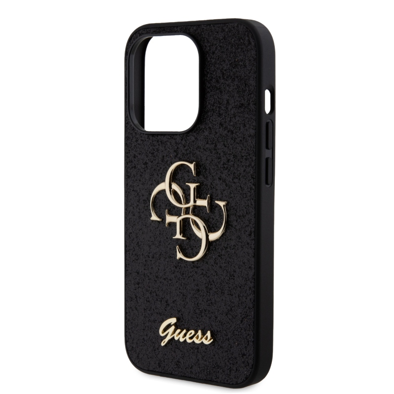 Guess PU Fixed Glitter 4G Metal Logo Zadní Kryt pro iPhone 15 Pro Black