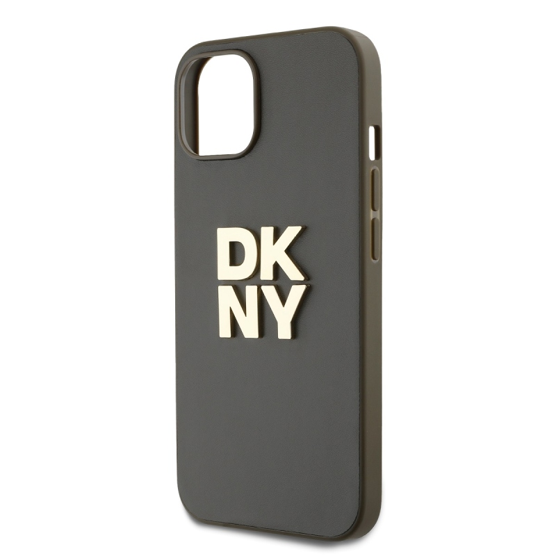 DKNY PU Leather Stack Logo Wrist Strap Zadní Kryt pro iPhone 15 Brown