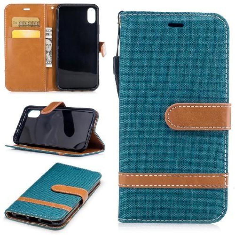 Peněženkové textilní/PU kožené pouzdro na iPhone X - modrozelené