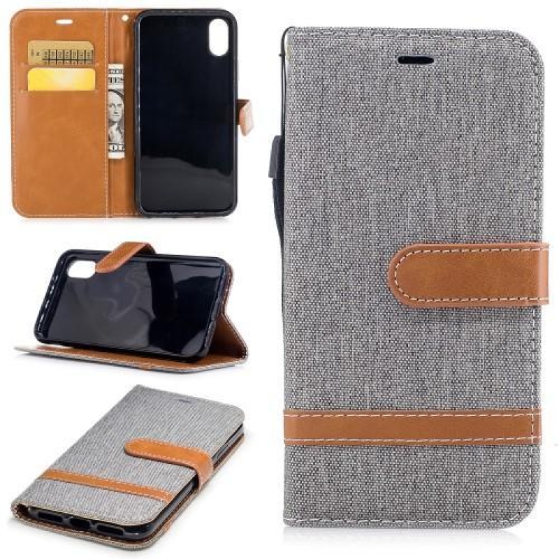 Peněženkové textilní/PU kožené pouzdro na iPhone X - šedé