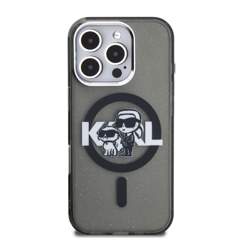 Karl Lagerfeld IML Glitter Karl and Choupette Sketch MagSafe Zadní Kryt pro iPhone 16 Pro Black