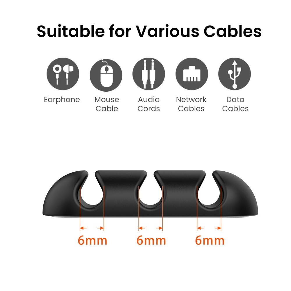 Silikonový držák kabelů se 3 drážkami a samolepicím uchycením - černý