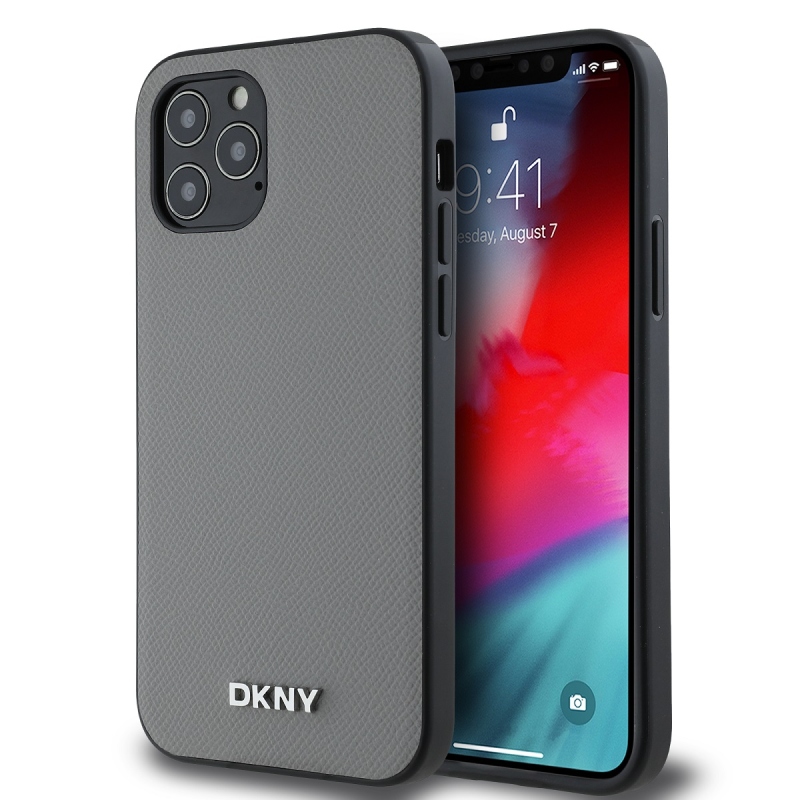 DKNY PU Leather Silver Metal Logo Magsafe Zadní Kryt pro iPhone 12/12 Pro Grey
