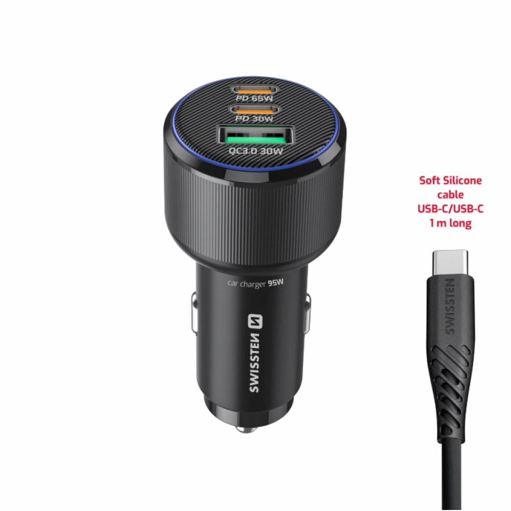 Swissten CL Adaptér 2x USB-C PD + USB-A, 95W - černý + kabel USB-C / USB-C, 1m