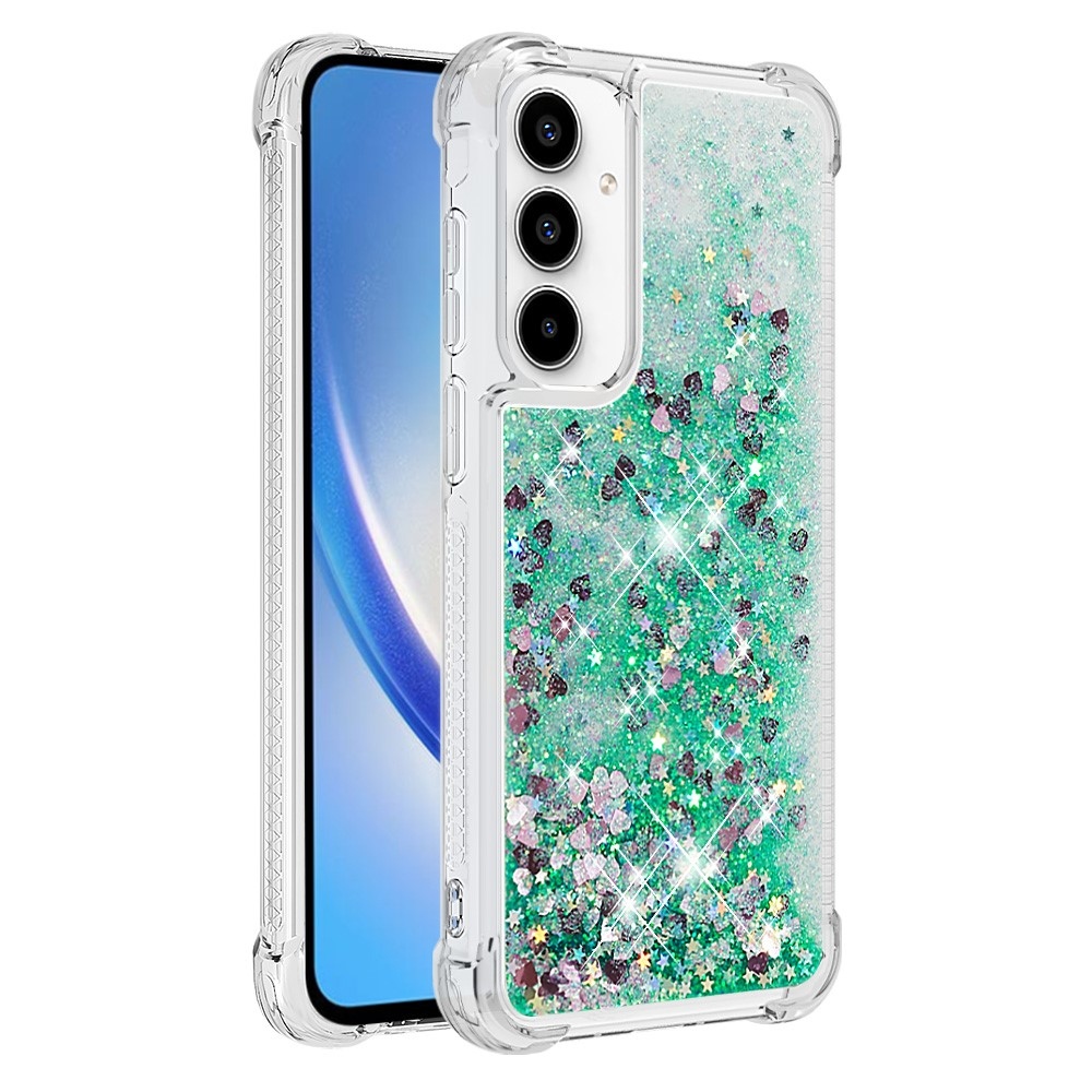 Glitter přesýpací gelový obal na Samsung Galaxy A56 5G - zelený/srdíčka