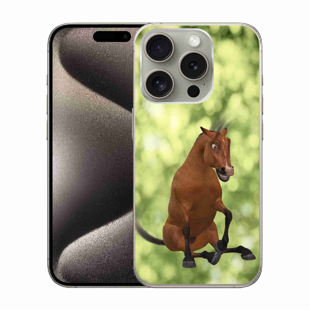 Gelový kryt mmCase na iPhone 15 Pro - hnědý kreslený kůň 1