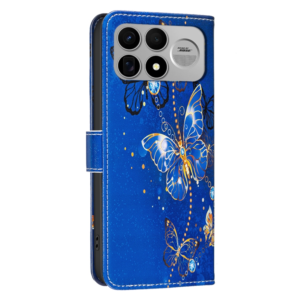 Print knížkové pouzdro na mobil Xiaomi Poco F9 Ultra/F8 Ultra 5G - modrozlatí motýli