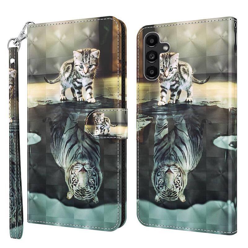 Print knížkové pouzdro na Samsung Galaxy A14 4G/5G - kočka a odraz tygra