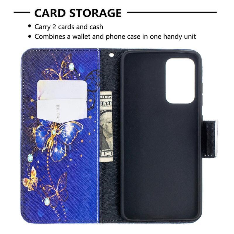 Print peněženkové pouzdro na mobil Samsung Galaxy A52 5G/4G/A52s 5G - modrozlatí motýli