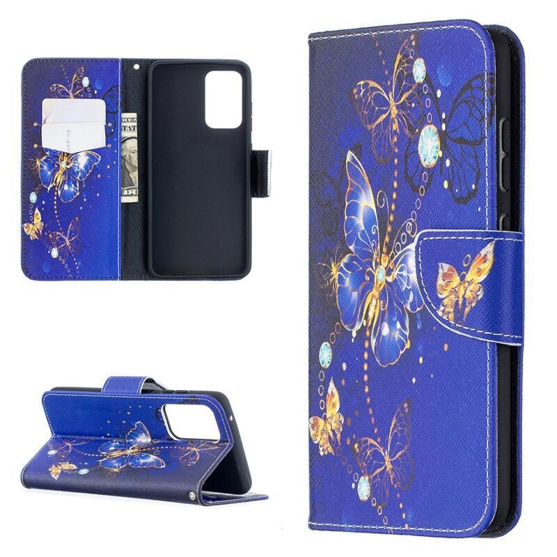 Print peněženkové pouzdro na mobil Samsung Galaxy A52 5G/4G/A52s 5G - modrozlatí motýli