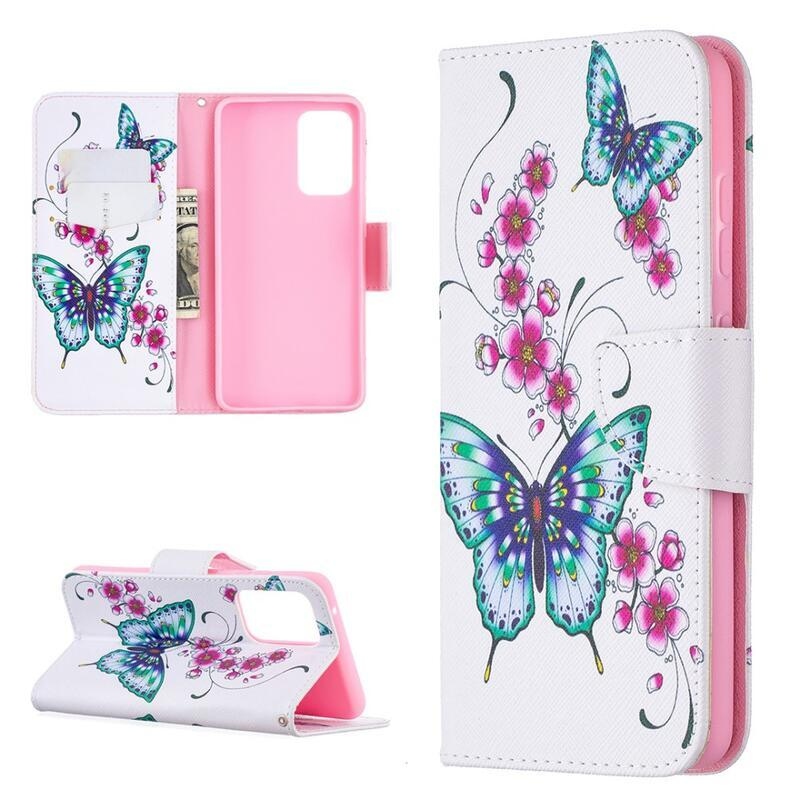 Print peněženkové pouzdro na mobil Samsung Galaxy A52 5G/4G/A52s 5G - zelení motýli a květy