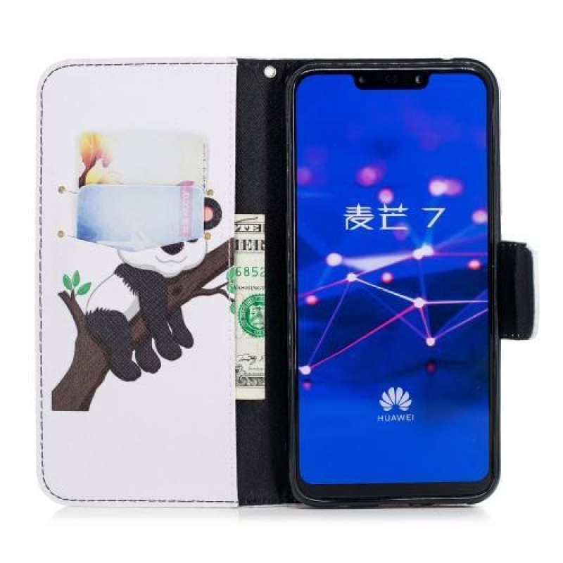 Print PU kožené peněženkové pouzdro na mobil Huawei Mate 20 Lite - panda na větvi