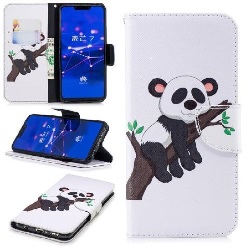Print PU kožené peněženkové pouzdro na mobil Huawei Mate 20 Lite - panda na větvi