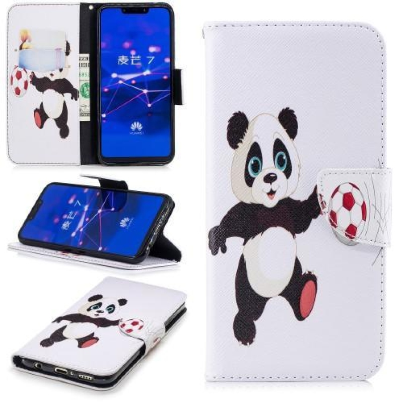 Print PU kožené peněženkové pouzdro na mobil Huawei Mate 20 Lite - panda s míčem