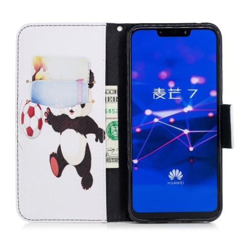 Print PU kožené peněženkové pouzdro na mobil Huawei Mate 20 Lite - panda s míčem