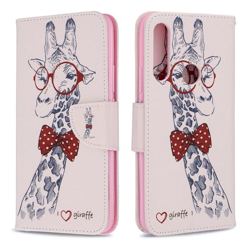 Print PU kožené peněženkové pouzdro na mobil Huawei P Smart Z/Honor 9X - žirafa s brýlemi