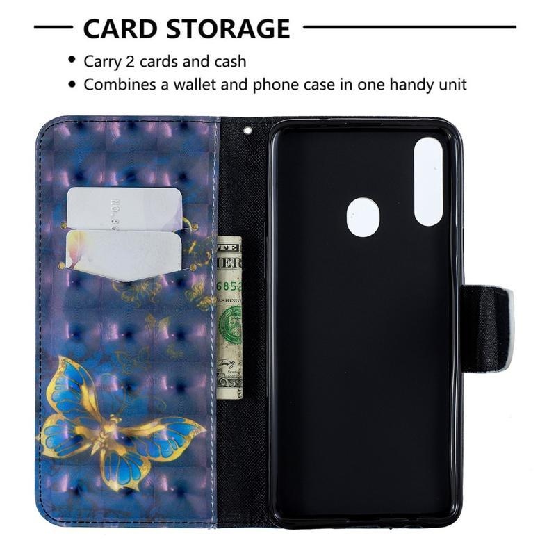 Print PU kožené peněženkové pouzdro na mobil Samsung Galaxy A20s - modrý motýl