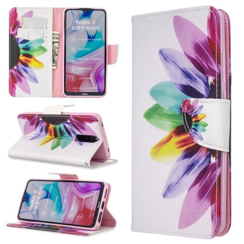 Print PU kožené peněženkové pouzdro na mobil Xiaomi Redmi 8 - okvětní lístky