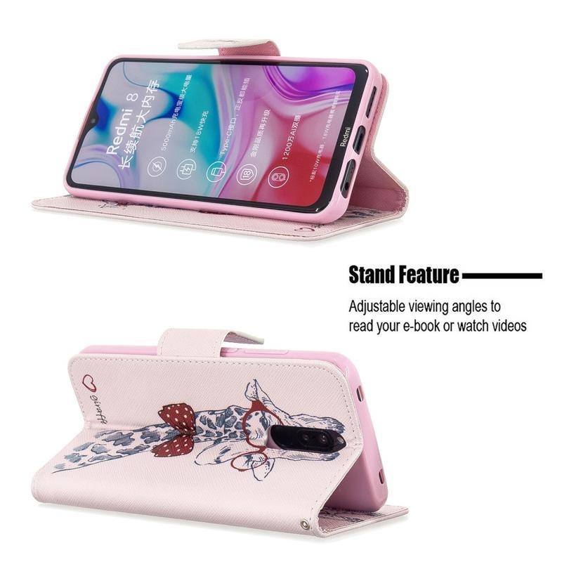 Print PU kožené peněženkové pouzdro na mobil Xiaomi Redmi 8 - žirafa s brýlemi