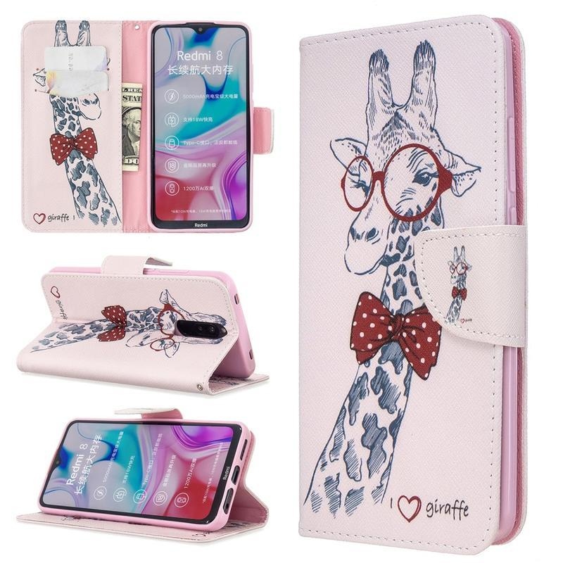 Print PU kožené peněženkové pouzdro na mobil Xiaomi Redmi 8 - žirafa s brýlemi