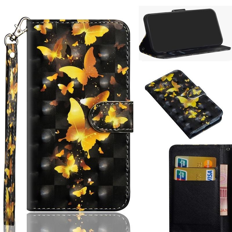 Print PU kožené peněženkové pouzdro pro mobil Samsung Galaxy A51 - zlatí motýli