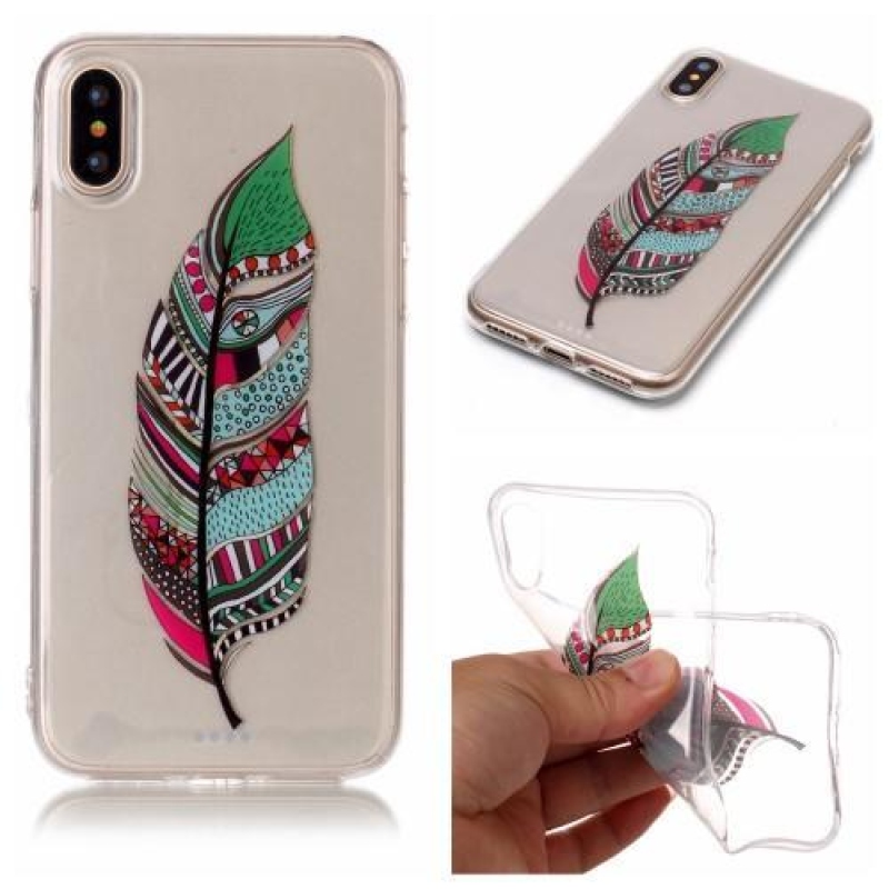 Printy průhledný gelový obal na iPhone X - pírko - průhledný