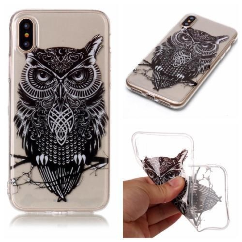 Printy průhledný gelový obal na iPhone X - sova - průhledný