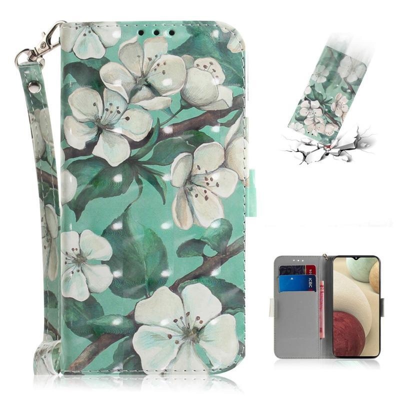Printy PU kožené peněženkové pouzdro na mobil Samsung Galaxy A12/M12 - bílé květy a listy