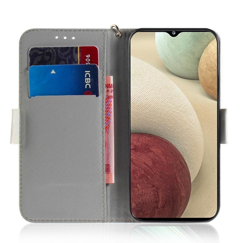 Printy PU kožené peněženkové pouzdro na mobil Samsung Galaxy A12/M12 - bílé květy a listy