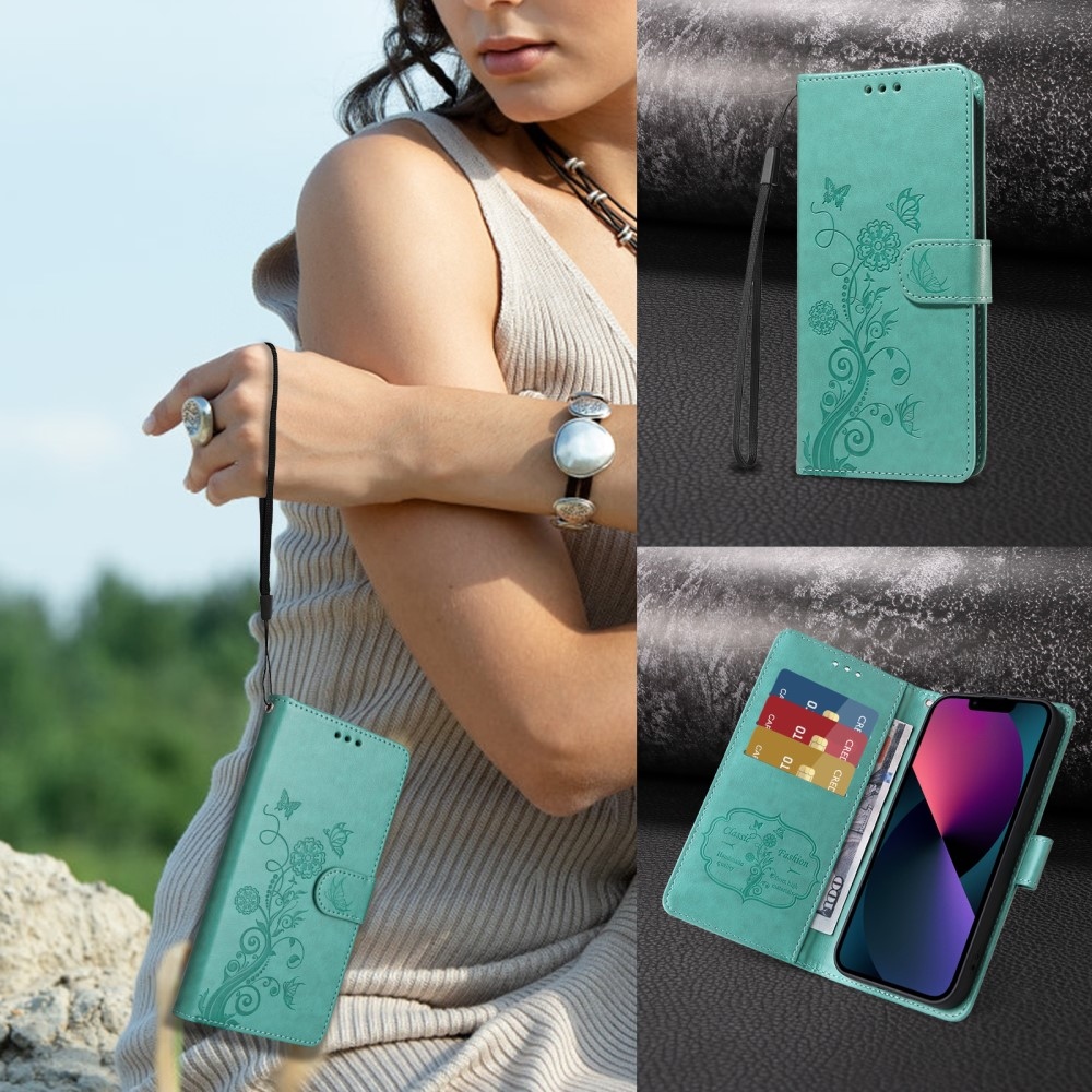Flowery knížkové pouzdro na Xiaomi Redmi A5 (173.45x79.35x8.45mm) - modrozelené