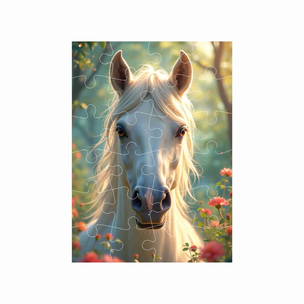 Puzzle 18x13cm (24 dílků) s obrázkem - bílý kůň mezi květy