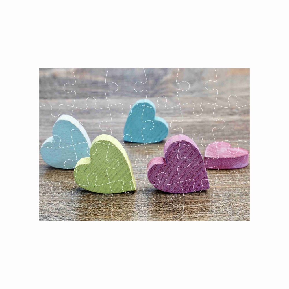 Puzzle 18x13cm (24 dílků) s obrázkem - dřevěná srdíčka