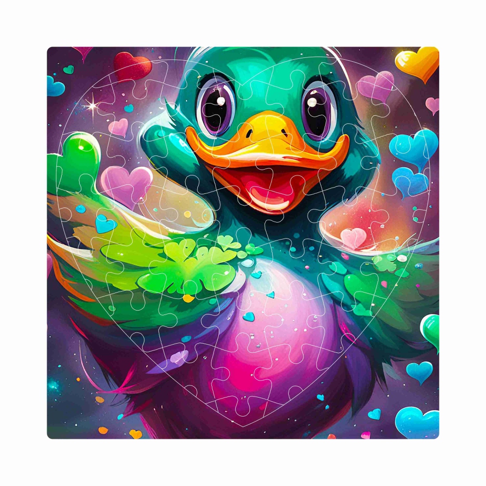 Puzzle 19x18cm ve tvaru srdce (76 dílků) s obrázkem - barevná kachnička