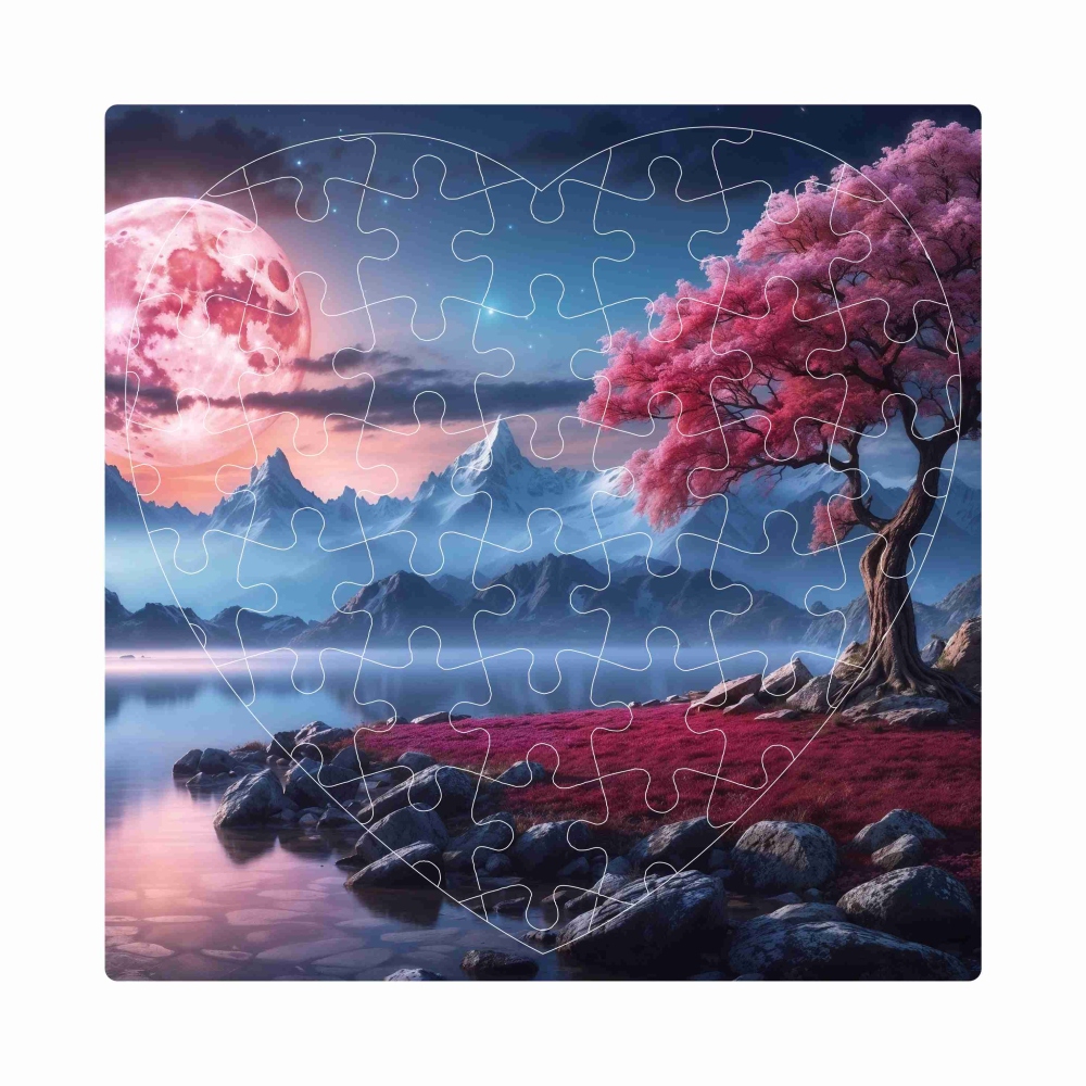 Puzzle 19x18cm ve tvaru srdce (76 dílků) s obrázkem - fantasy krajina