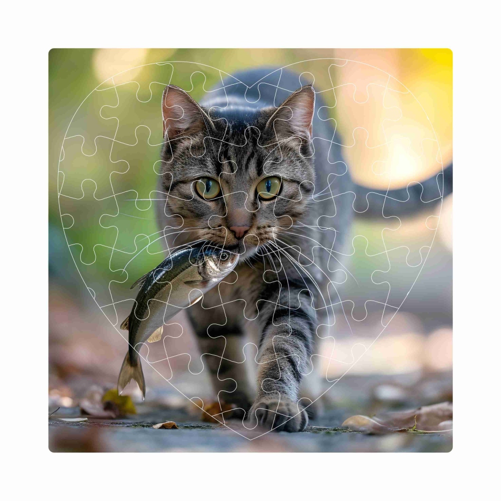 Puzzle 19x18cm ve tvaru srdce (76 dílků) s obrázkem - kočka s rybou