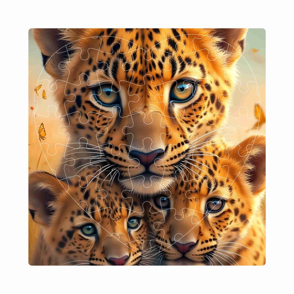Puzzle 19x18cm ve tvaru srdce (76 dílků) s obrázkem - leopardice s mláďaty