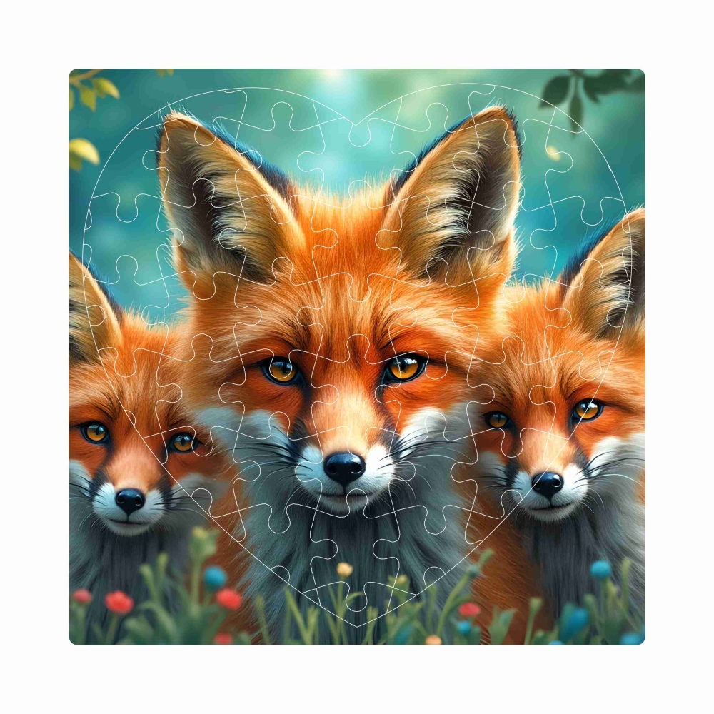 Puzzle 19x18cm ve tvaru srdce (76 dílků) s obrázkem - liška s mláďaty