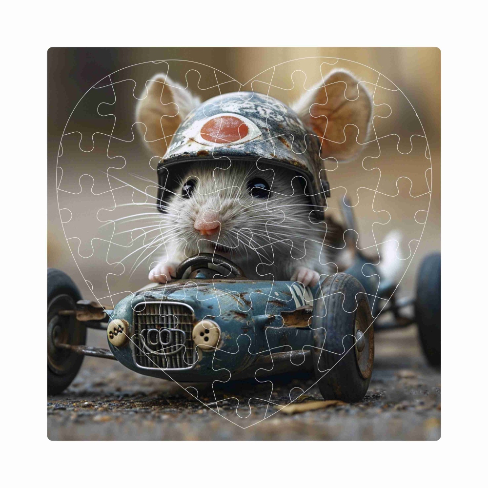 Puzzle 19x18cm ve tvaru srdce (76 dílků) s obrázkem - myška v autě